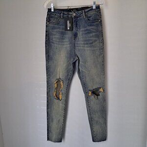 Missguided Denim Jeans Skinny Distressed High Rise Size 8R Blue/Yellow NWT